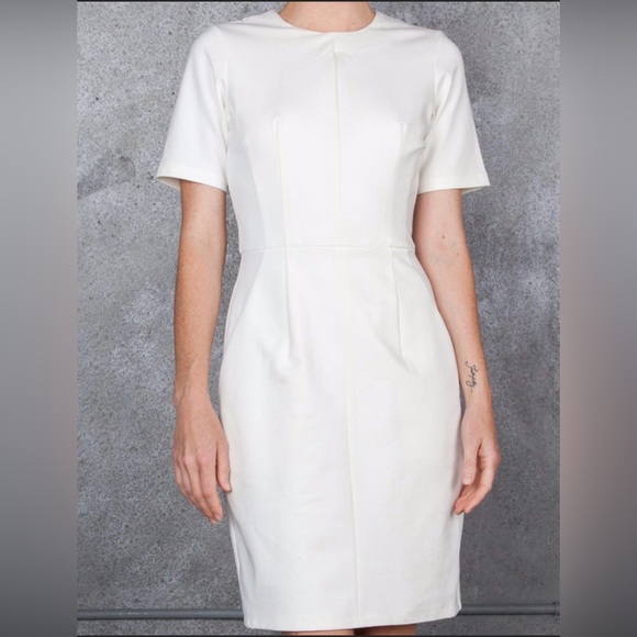 Obakki Short Sleeve Structured Sheath Dress w Front Slash Pockets in Camel - Picture 4 of 9